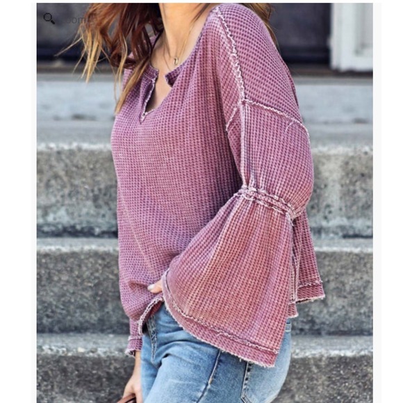Free People Tops - We The Free Dahlia Burgundy Waffle‎ Knit Thermal Bell Sleeve Top M Boho Beachy